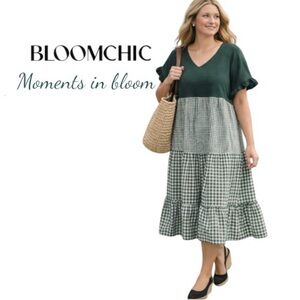 22-24 BLOOMCHIC V-neck Cotton Blend Ruffles Gingham Dress